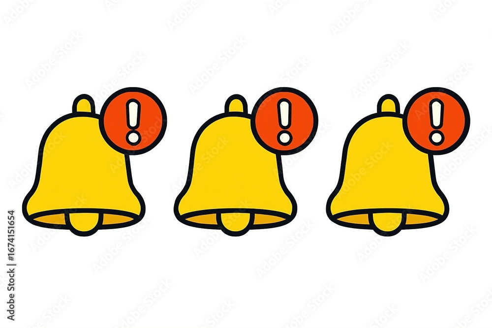 Poster three yellow notification bells with red exclamation marks signaling alerts or important messages