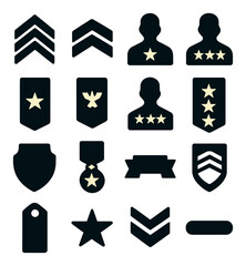 Silhouette military icons set featuring rank insignias, medals, star, shield, and tags
