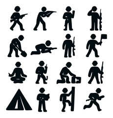 Silhouette military icon set featuring soldier, sniper, salute, and camp symbols