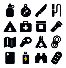 Silhouette camping icon set featuring bottle, compass, knife, thermos, triangle, first aid, jar, flashlight