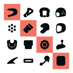 Silhouette racing icon set with helmet, gear, wheel, speedometer, and steering wheel symbols