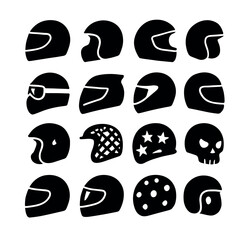 Silhouette motorcycle helmet icon set featuring full-face, open-face, skull, stars, and goggles designs