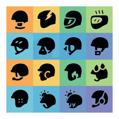 Silhouette helmet icon set featuring motorcycle, racing, coffee, safety, flame, and paw symbols