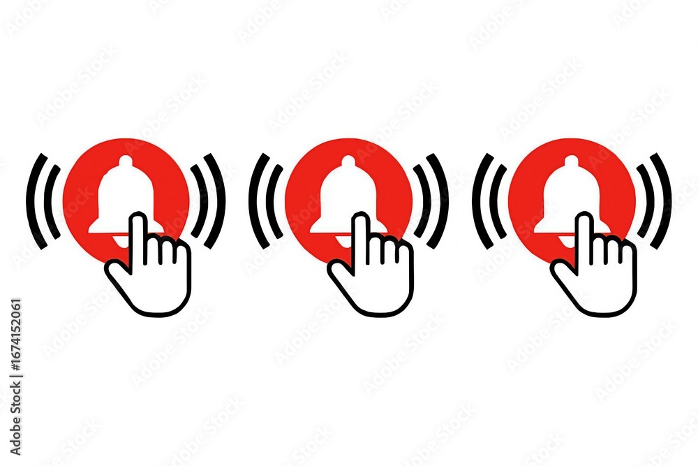 Poster three glowing red notification bells being clicked by a cursor hand on a white background