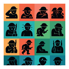 Silhouette soldier icons set featuring salute, guard, communication, combat, and teamwork symbols