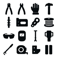 Silhouette tools icon set featuring wrench, hammer, gloves, measuring tape, goggles, welder mask, drill