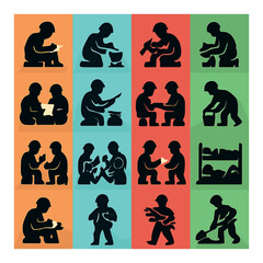 Silhouette teamwork icon set featuring collaboration, construction, discussion, and labor symbols