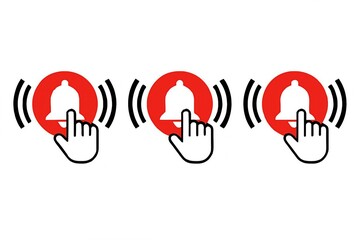 Three glowing red notification bells being clicked by a cursor hand on a white background