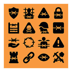 Silhouette security icon set featuring barbed wire, shield, lock, helmet, skull, padlock, and warning symbols