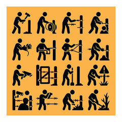 Silhouette construction worker icon set featuring hammering, sawing, welding, chiseling, and drilling