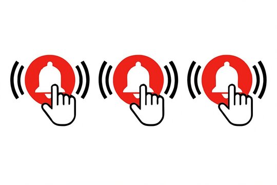 Three glowing red notification bells being clicked by a cursor hand on a white background