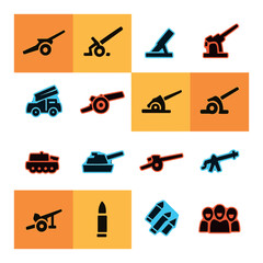 Silhouette military icons set featuring cannon, mortar, missile, tank, bullet, and soldier symbols