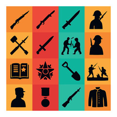 Silhouette military icons set featuring rifle, bayonet, soldier, combat, medal, book, and shovel symbols