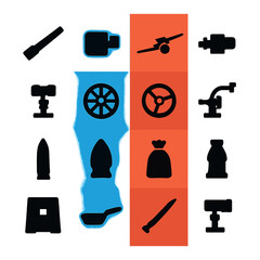 Silhouette transportation icon set featuring car, plane, train, bike, ship, and more