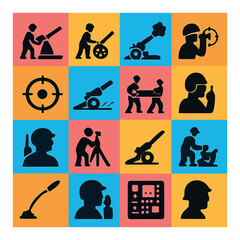 Silhouette military icons set featuring soldier, cannon, surveyor, target, and tactical symbols