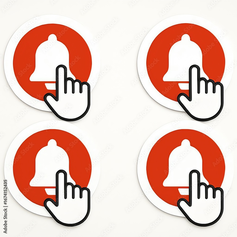 Poster four identical notification bell icons with a cursor hand pointing to each one