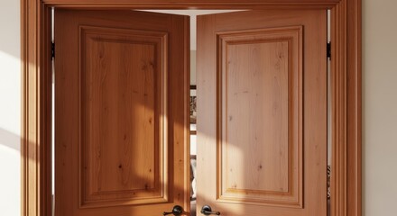 Fototapeta premium Open wooden double doors showing light in a home interior