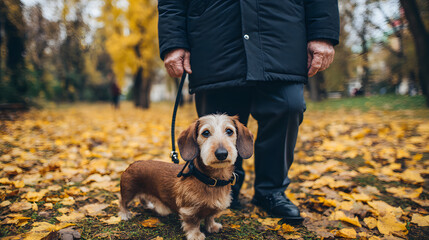 An elderly person holding a leash walks their adorable dachshund in a park covered with golden autumn leaves.