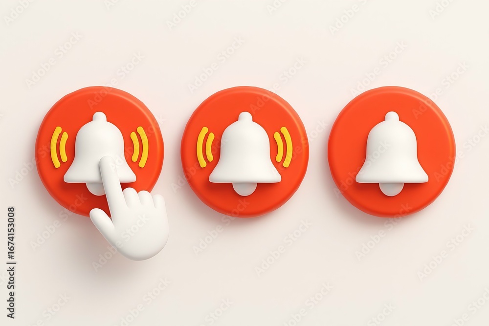 Poster hand pressing a notification bell icon with sound waves indicating an alert or alert system