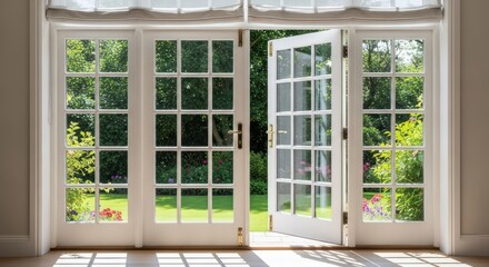 Open french doors lead to a sunlit garden view in summer