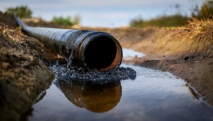 oil spill a close up of a black oil pipe leaking viscous dark liquid onto the ground the spill creates a pool of contaminated oil