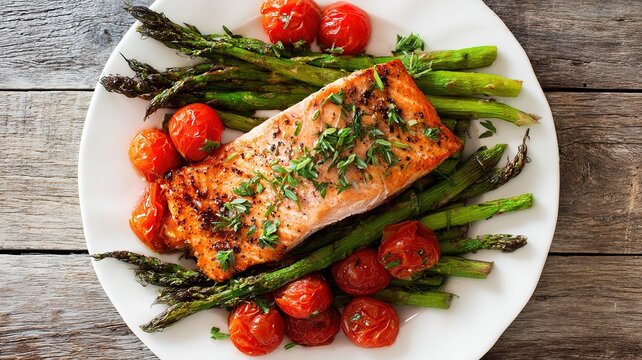 Overhead Healthy Cuisine with Pan-Seared Salmon, Roasted Asparagus and Cherry Tomatoes Garnished with Fresh Herbs on Rustic Wooden Table under Soft Lighting