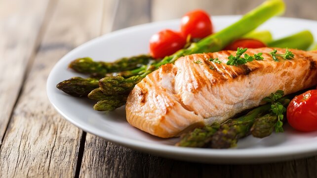 Creative Healthy Dish with Pan-Seared Salmon, Roasted Asparagus and Cherry Tomatoes Garnished with Herbs, Overhead on Wooden Table with Warm Soft Light for Menu and Advertising