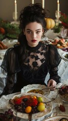 High-fashion portrait of a woman wears a luxurious, vintage-inspired black dress sitting behind an opulent feast with different food, vertical