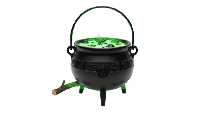 Black cauldron with green bubbling potion on black background