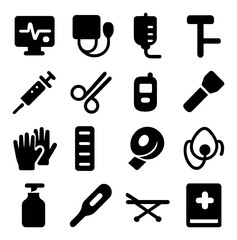 Silhouette medical icons set featuring monitor, blood pressure, iv, syringe, scissors, pager, flashlight, gloves, clipboard, bandage, stethoscope, sanitizer, thermometer, stretcher, first aid kit