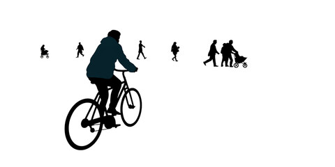 Cyclist Silhouette with Walking People Vector Illustration | Black Silhouette of Bicyclist Surrounded by Pedestrians | Minimal People and Bicycle Silhouette Graphic Design