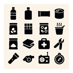 Silhouette emergency kit icon set featuring water, medicine, food, tools, flashlight, whistle, radio, compass