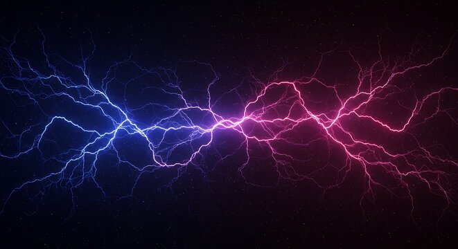 Dramatic clash of blue and red lightning bolts, symbolizing the epic confrontation between opposing forces and energies