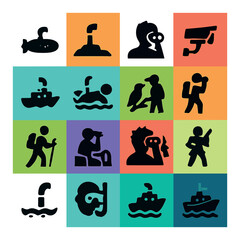 Silhouette exploration icon set featuring submarine, periscope, diver, snorkeler, hiking, and more symbols