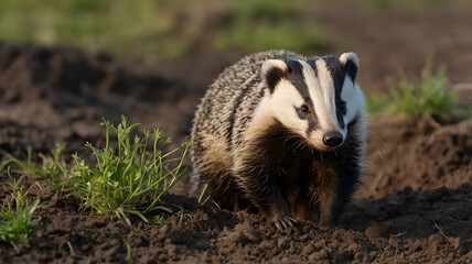 A solitary badger digs energetically in soft soil, sending clumps of earth flying as it searches for roots and insects. The smell of damp earth fills the air.
