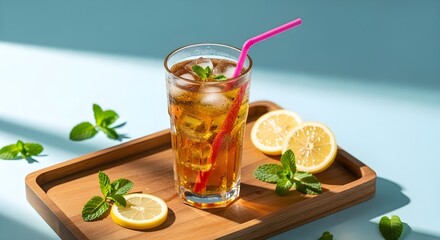 Fototapeta premium Iced Tea Glass with Pink Straw on Rustic Wooden Tray – Lemon and Mint Editorial 8K