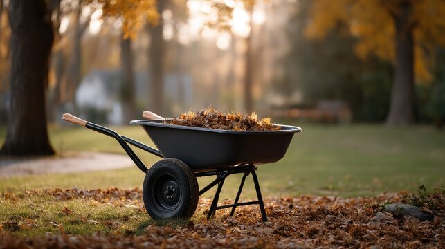 A wheelbarrow is loaded with vibrant autumn leaves, sitting on a grassy area dappled with sunlight in a serene outdoor environment - Powered by Adobe