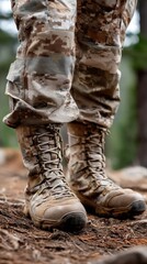Soldier, clad in camouflage gear, stands in a forest, showcasing rugged military boots as sunlight filters through trees