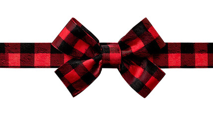 Red and black buffalo plaid gift bow and ribbon. Long border isolated on a white background ,png
