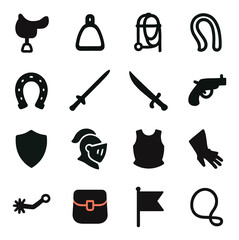 Silhouette medieval icon set featuring sword, shield, helmet, armor, horse, horseshoe, pistol, flag