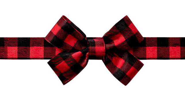 Red and black buffalo plaid gift bow and ribbon. Long border isolated on a white background ,png

