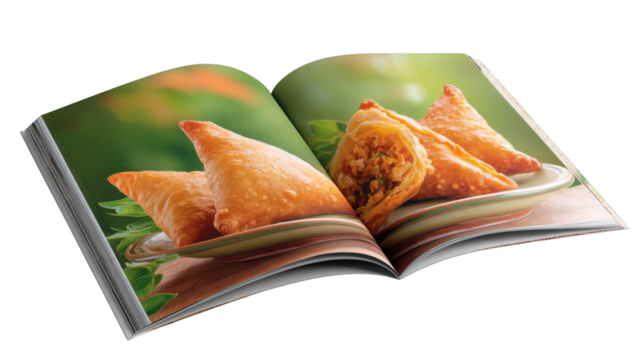 A food magazine-style samosa book, with open pages featuring photos of Indian snacks and delicacies, with space for text and blank spaces for design.