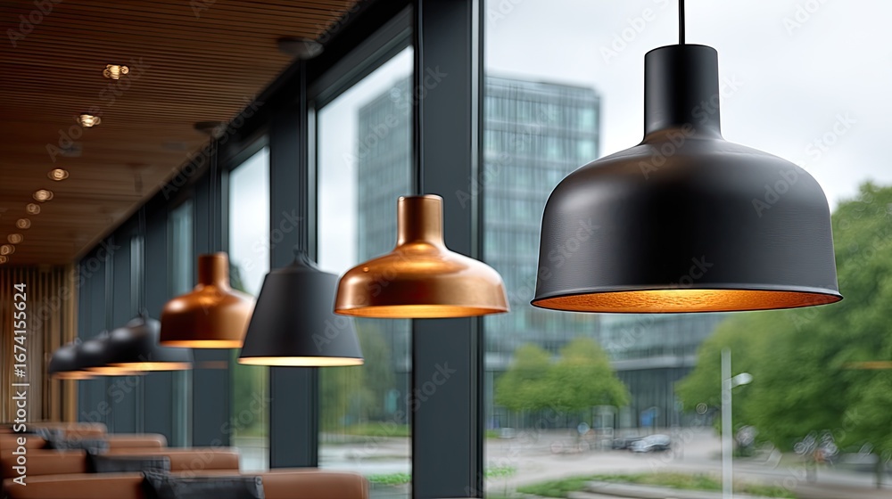 Poster hanging light fixtures with varied designs create an inviting atmosphere in a contemporary setting w
