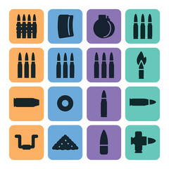Silhouette weapon icon set featuring bullets, magazine, grenade, shell, cartridge, and artillery symbols