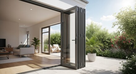 Living room and garden view with folding glass doors open to patio