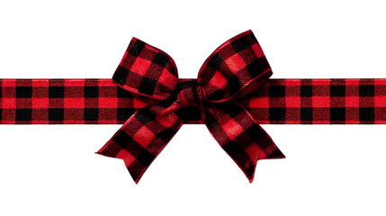 Red and black buffalo plaid gift bow and ribbon. Long border isolated on a white background ,png
