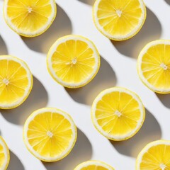 Bright yellow lemon slices arranged in a vibrant pattern on a white background with shadows.