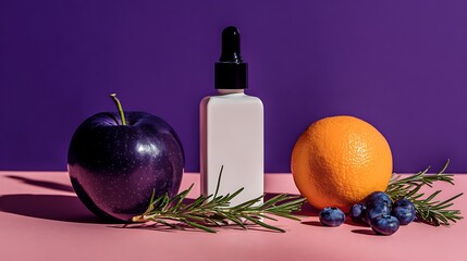 White Serum Bottle with Fresh Fruit on Pastel Pink Background