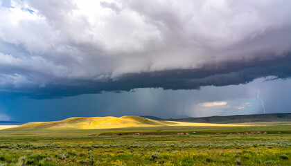 Obraz premium Dramatic storm clouds gather over a vibrant green prairie landscape, casting shadows.