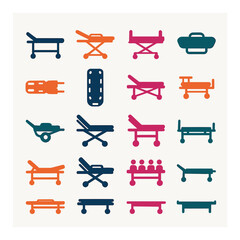 Flat medical equipment icon set featuring stretcher, hospital bed, wheelchair, and medical cart symbols